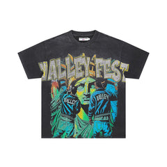 Black Vintage‑Wash Valley Fest Sculpture Graphic Oversized Unisex T‑Shirt
