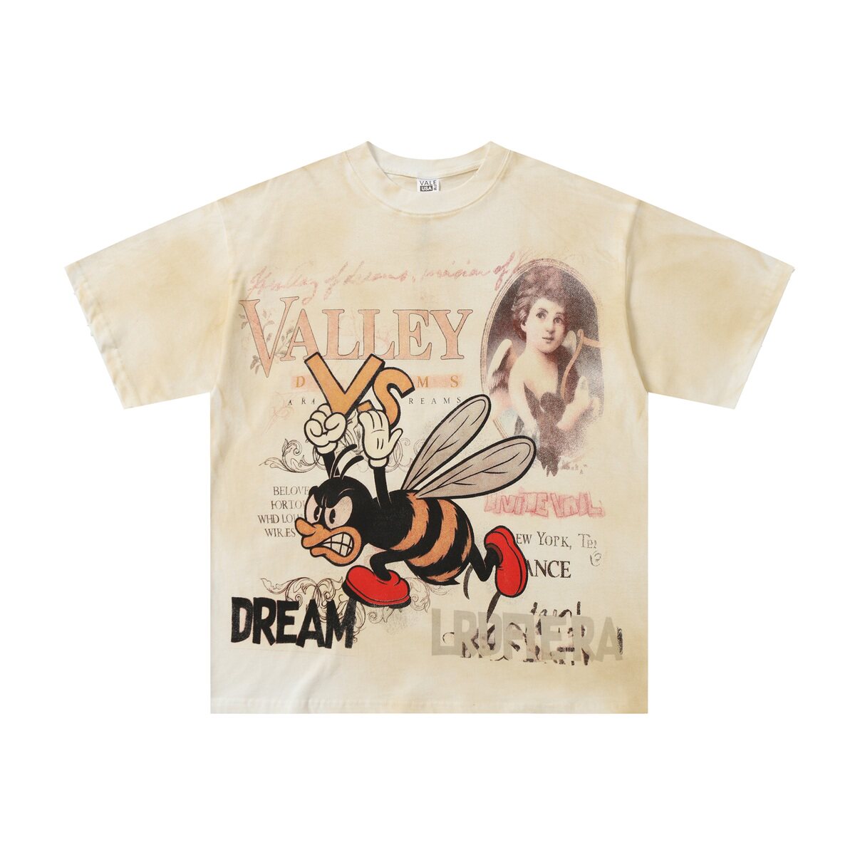 Cream‑Yellow Valley Cartoon Bee Vintage Oversized Unisex T‑Shirt