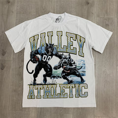 White Vintage‑Wash Valley Athletic Panther Graphic Oversized Unisex T‑Shirt