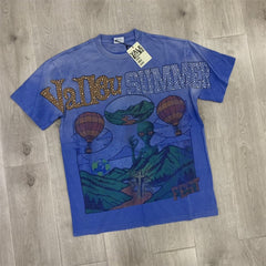 Blue Vintage‑Wash Summer Hot‑Air‑Balloon Landscape Oversized Unisex T‑Shirt