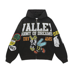 Valley Army Of Dreams Angry Bee Graphic Zip‑Up Hoodie, Black Vintage Patch‑Print Oversized Streetwear Unisex Jacket