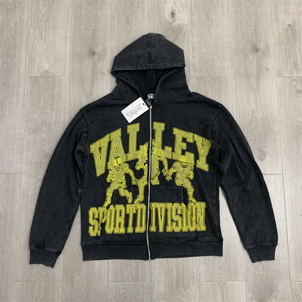 Black Washed Valley Sport Division Football Graphic Zip‑Up Hoodie Unisex Oversized Jacket