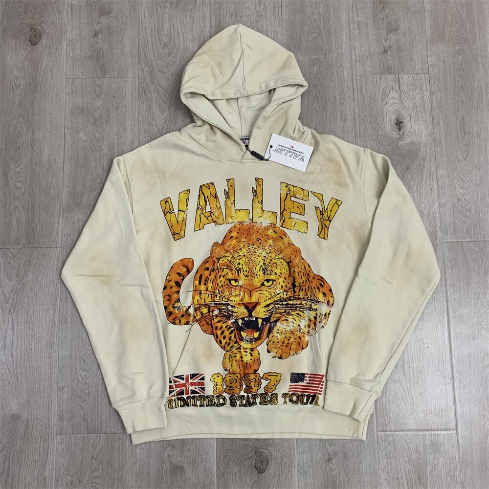 Beige Vintage Wash Valley Dreams Lion Graphic Zip‑Up Hoodie Unisex Oversized Jacket