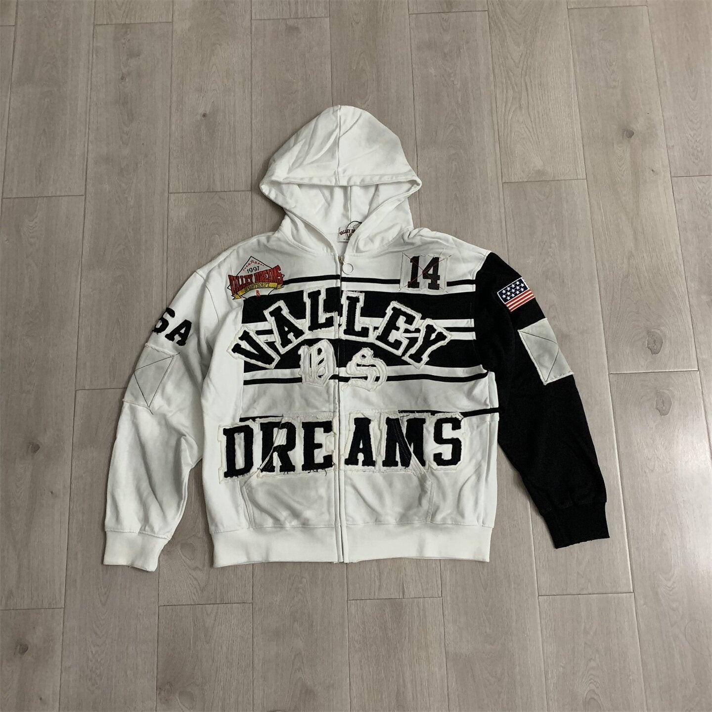 White‑Black Color‑Block Striped Valley Dreams Zip‑Up Hoodie Unisex Oversized Jacket