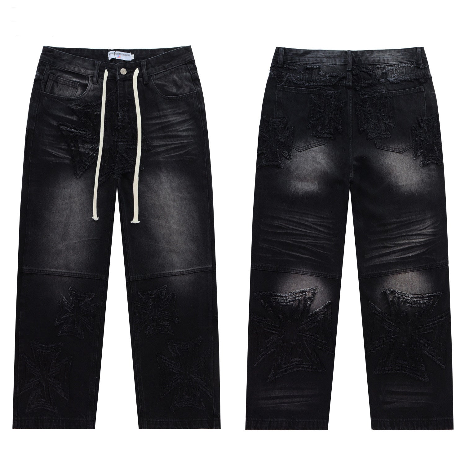 Vintage Cross‑Shaped Towel‑Embroidered Baggy Jeans, Washed‑Black Unisex Streetwear Denim Pants