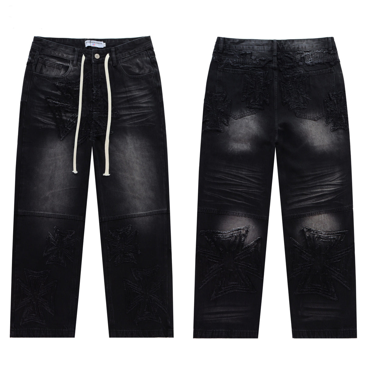 Vintage Cross‑Shaped Towel‑Embroidered Baggy Jeans, Washed‑Black Unisex Streetwear Denim Pants