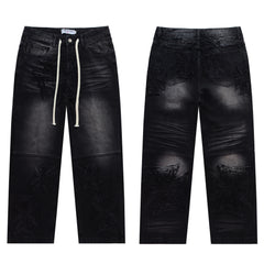 Vintage Cross‑Shaped Towel‑Embroidered Baggy Jeans, Washed‑Black Unisex Streetwear Denim Pants