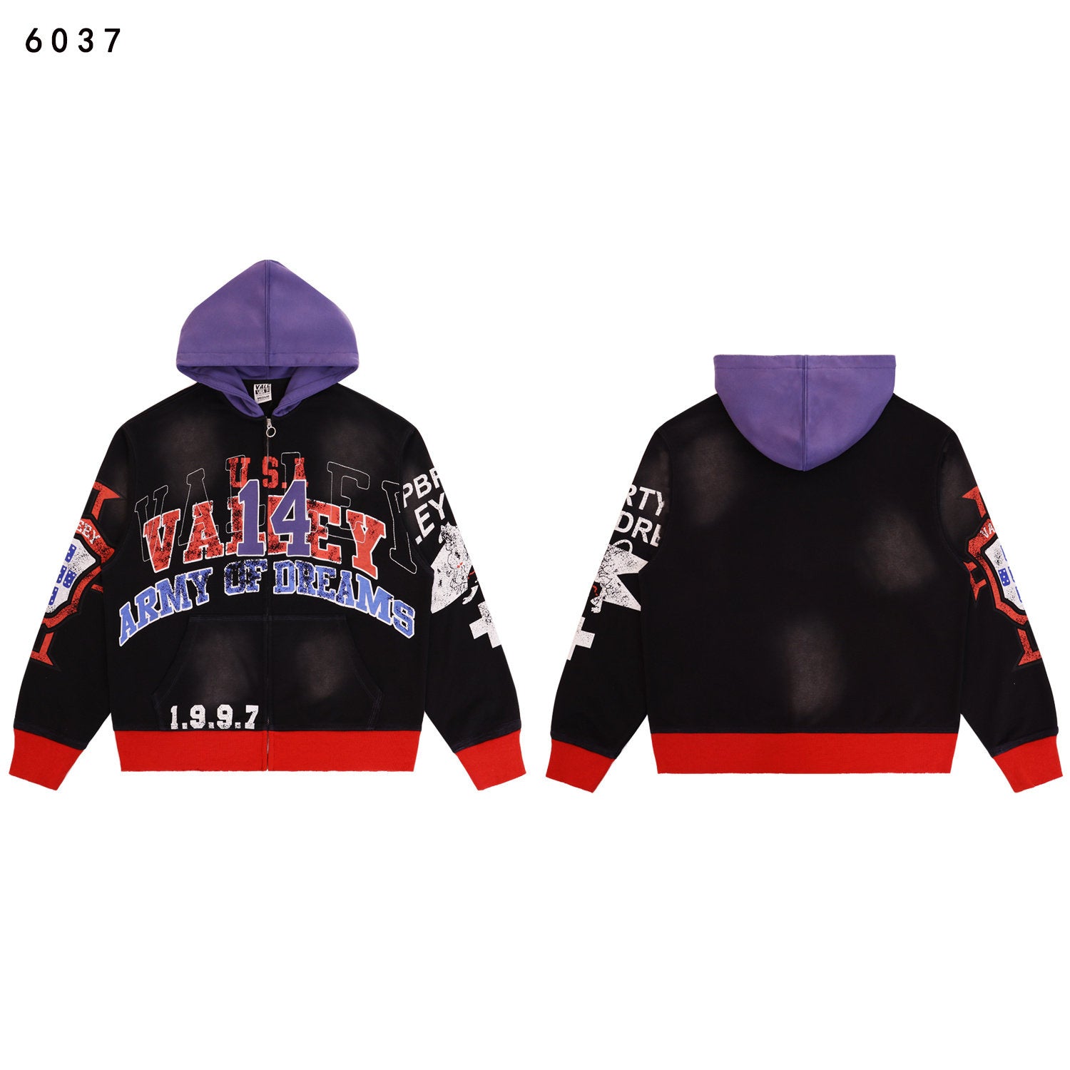 Valley Dreams Army Of Dreams Number 14 Zip‑Up Hoodie, Black‑Purple Contrast‑Hood Vintage Washed Streetwear Unisex Jacket