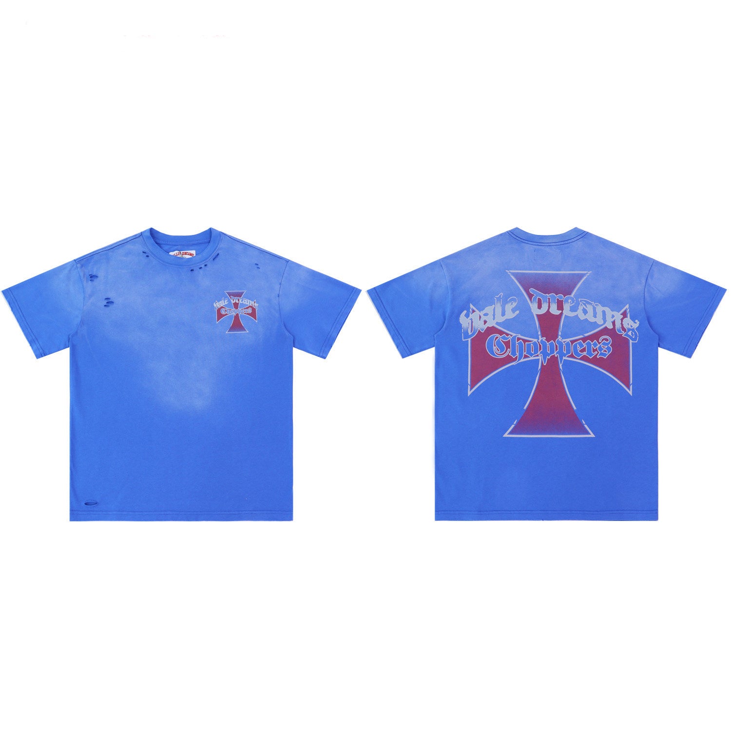 Blue Distressed Cross‑Logo Back‑Print Oversized Unisex T‑Shirt