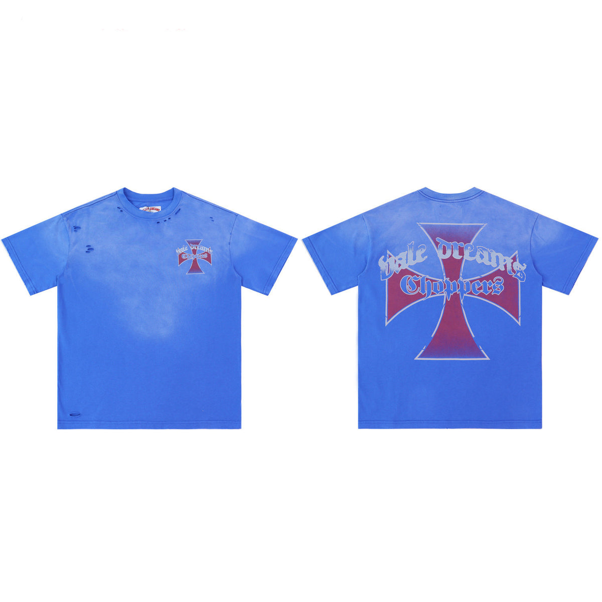 Blue Distressed Cross‑Logo Back‑Print Oversized Unisex T‑Shirt
