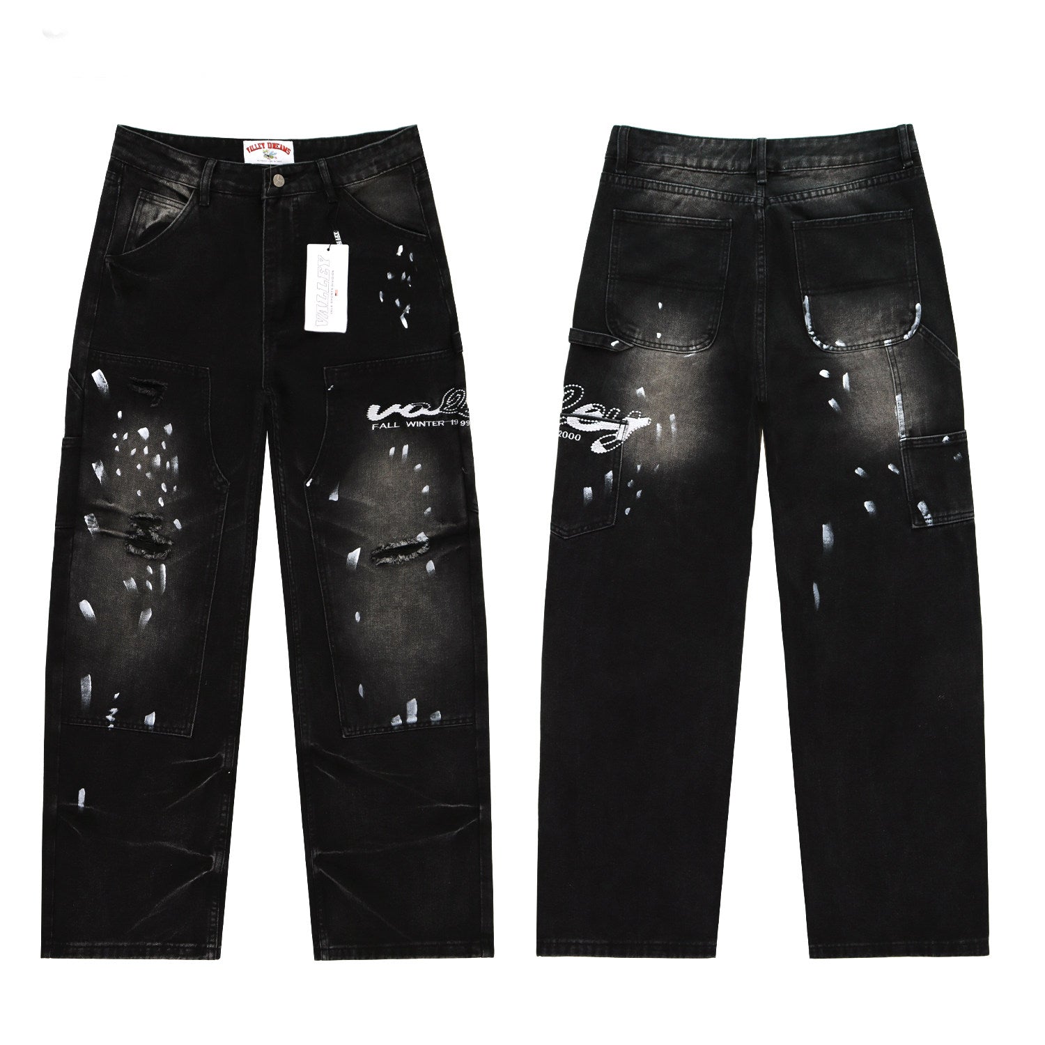 Valley Embroidered Paint‑Splatter Distressed Carpenter Baggy Jeans, Washed‑Black Unisex Wide‑Leg Denim Pants