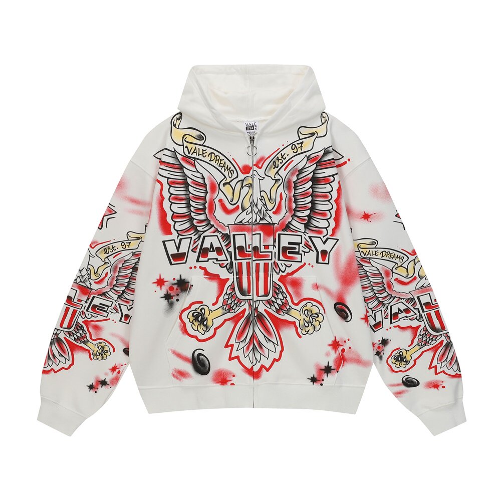 Vale Eagle Spray‑Paint Graphic Zip‑Up Hoodie, White Oversized Streetwear Hip‑Hop Tattoo Print Unisex Jacket