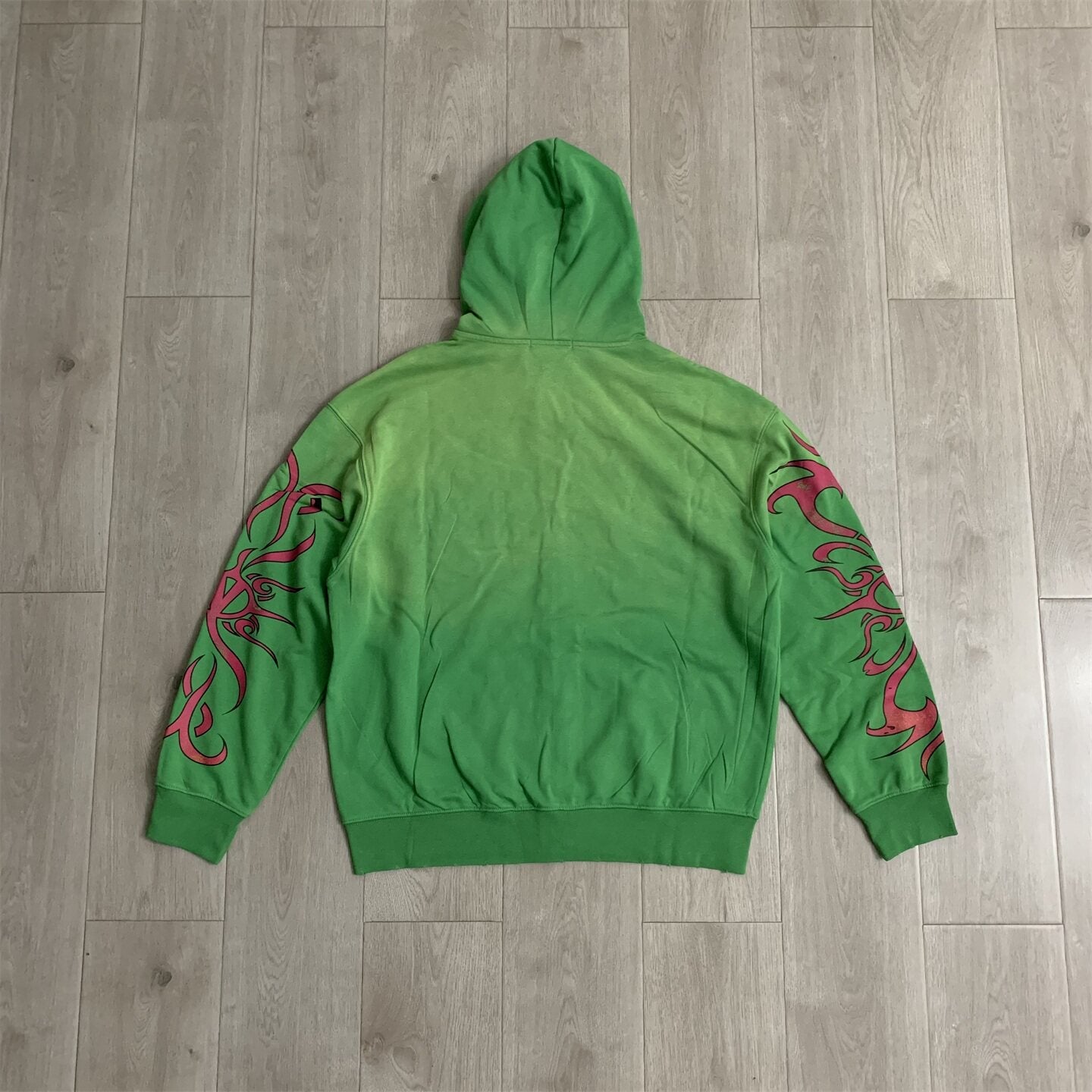 Valley Dreams Rhinestone Letter Zip‑Up Hoodie, Green Vintage Distressed Tribal‑Sleeve Oversized Streetwear Unisex Jacket