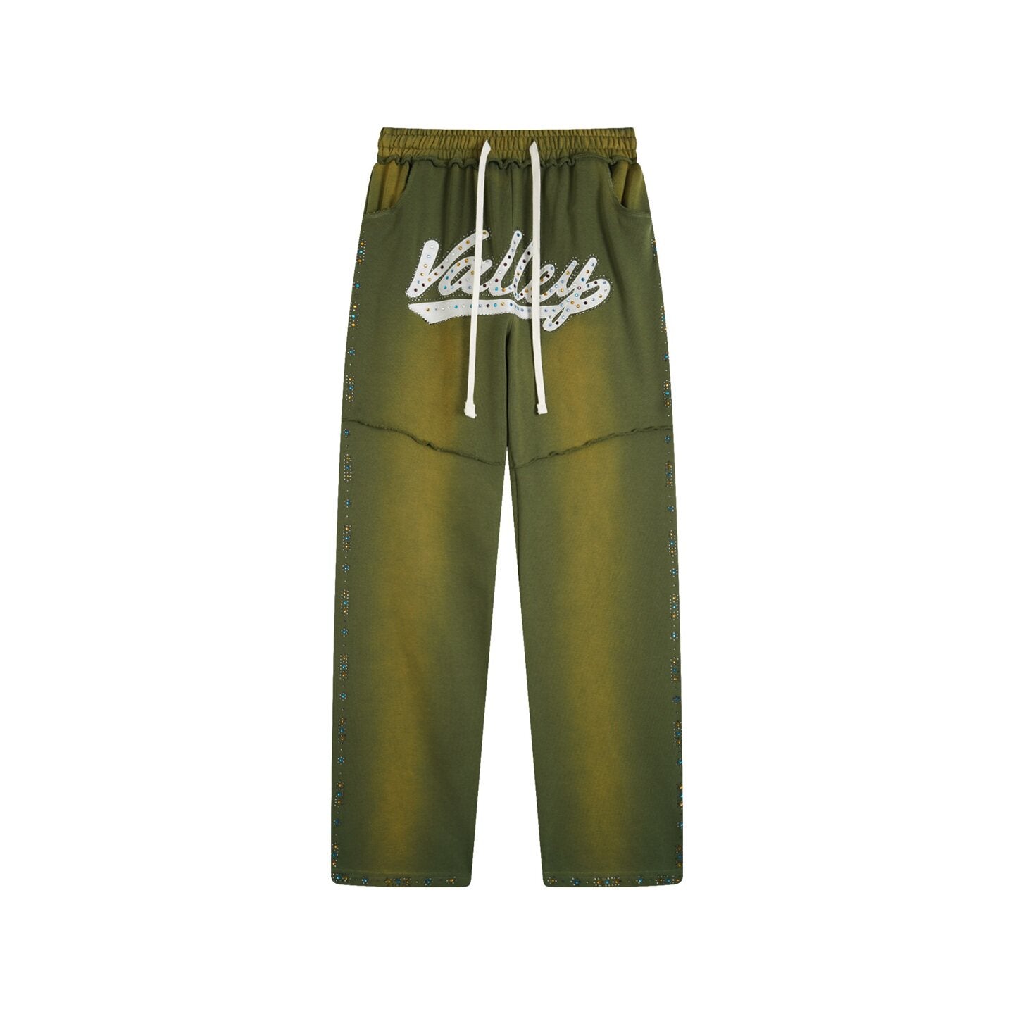 Valley Dreams Rhinestone Letter Wide‑Leg Sweatpants, Vintage Green Washed Streetwear Unisex Trousers