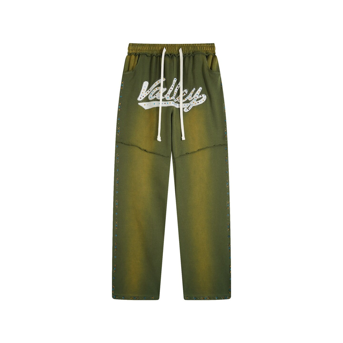 Valley Dreams Rhinestone Letter Wide‑Leg Sweatpants, Vintage Green Washed Streetwear Unisex Trousers