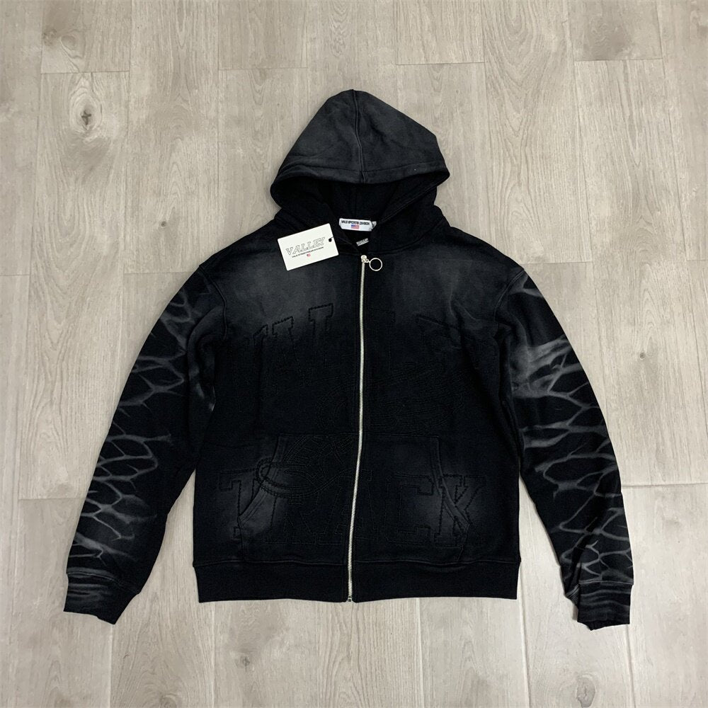 Black Lightning‑Print Zip‑Up Hoodie Unisex Oversized Jacket