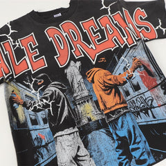 Black Vintage‑Wash Vale Dreams Graffiti Street Scene Oversized Unisex T‑Shirt