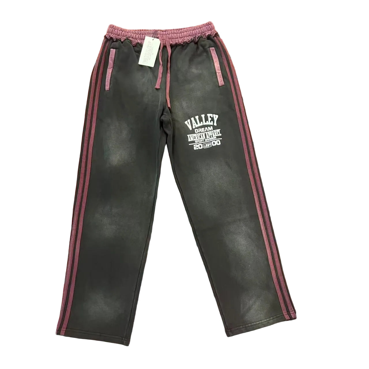 Valley Dream Letter‑Print Side‑Stripe Wide‑Leg Sweatpants, Vintage Washed‑Black Burgundy Unisex Streetwear Trousers