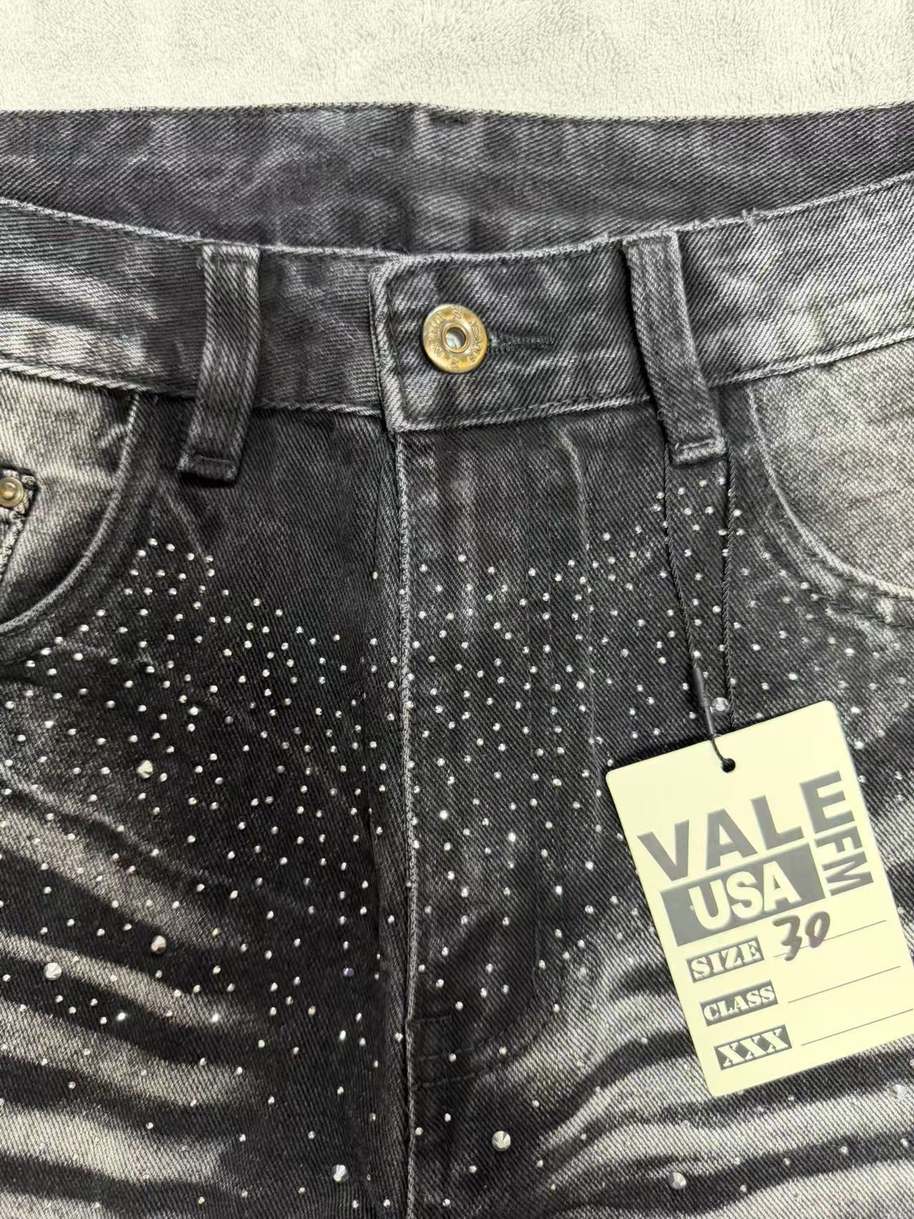 Zebra‑Striped Rhinestone Embellished Baggy Denim Pants, Vintage Washed‑Black Unisex Streetwear Jeans