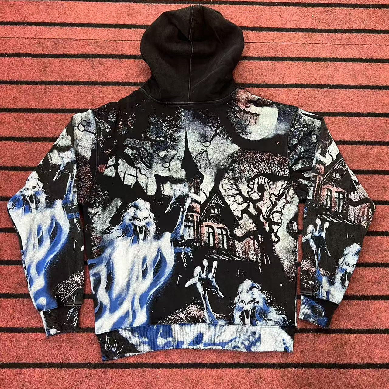 Ghost Haunted House All‑Over Print Zip‑Up Hoodie, Dark Gothic Horror Oversized Streetwear Unisex Jacket