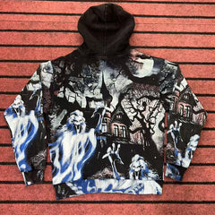 Ghost Haunted House All‑Over Print Zip‑Up Hoodie, Dark Gothic Horror Oversized Streetwear Unisex Jacket