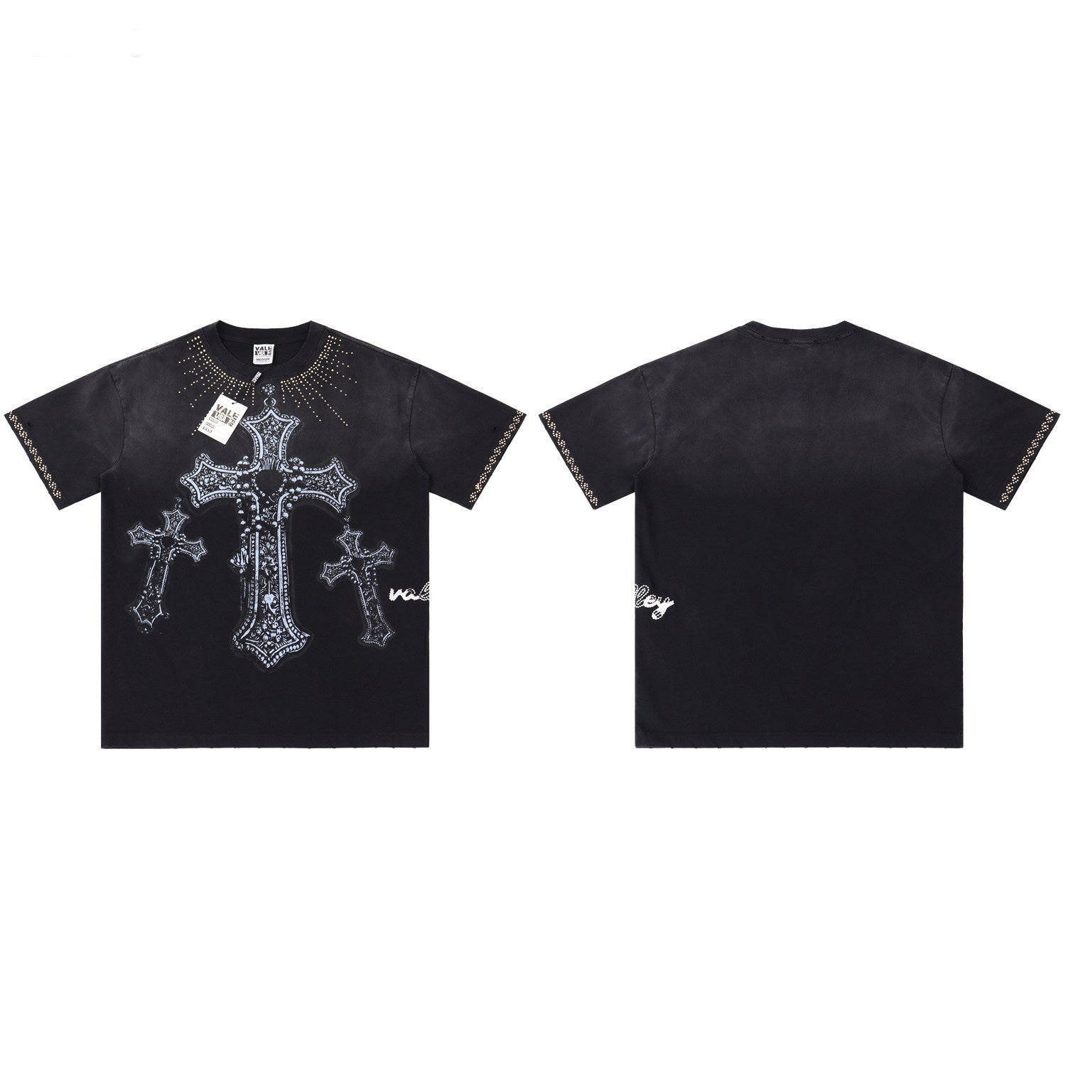 Black Rhinestone‑Cross Vintage Oversized Unisex T‑Shirt