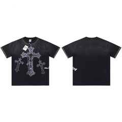 Black Rhinestone‑Cross Vintage Oversized Unisex T‑Shirt