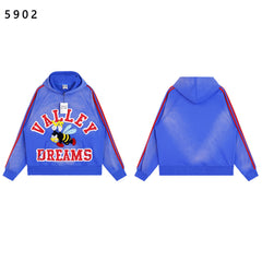 Valley Dreams Cartoon Bee Chenille Patch Pullover Hoodie, Blue Vintage Distressed Striped‑Sleeve Streetwear Unisex Sweatshirt