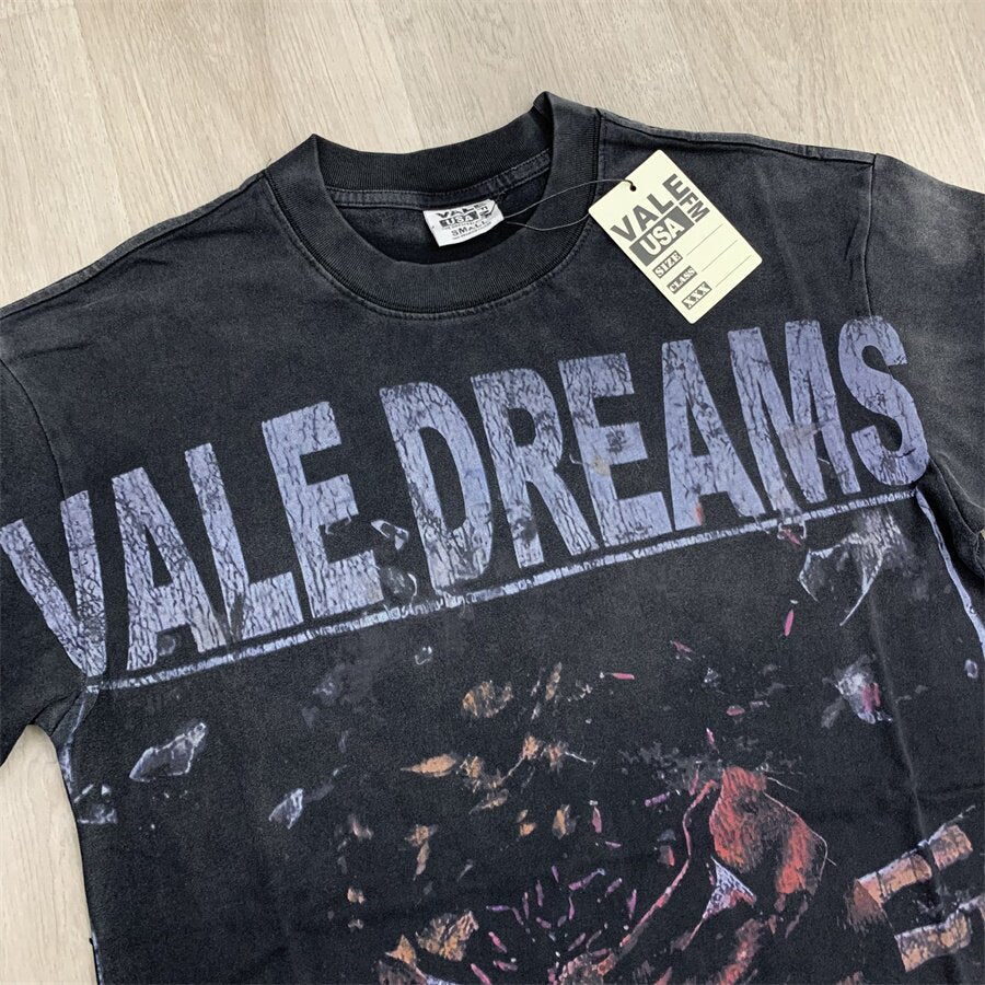 Black Vintage‑Wash Vale Dreams "Let Me Rest" Graphic Oversized Unisex T‑Shirt