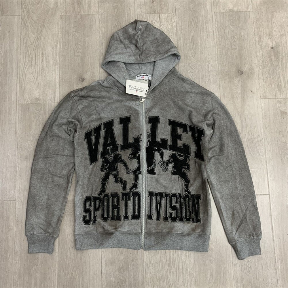 Grey Valley Sport Division Football Graphic Zip‑Up Hoodie Unisex Oversized Jacket