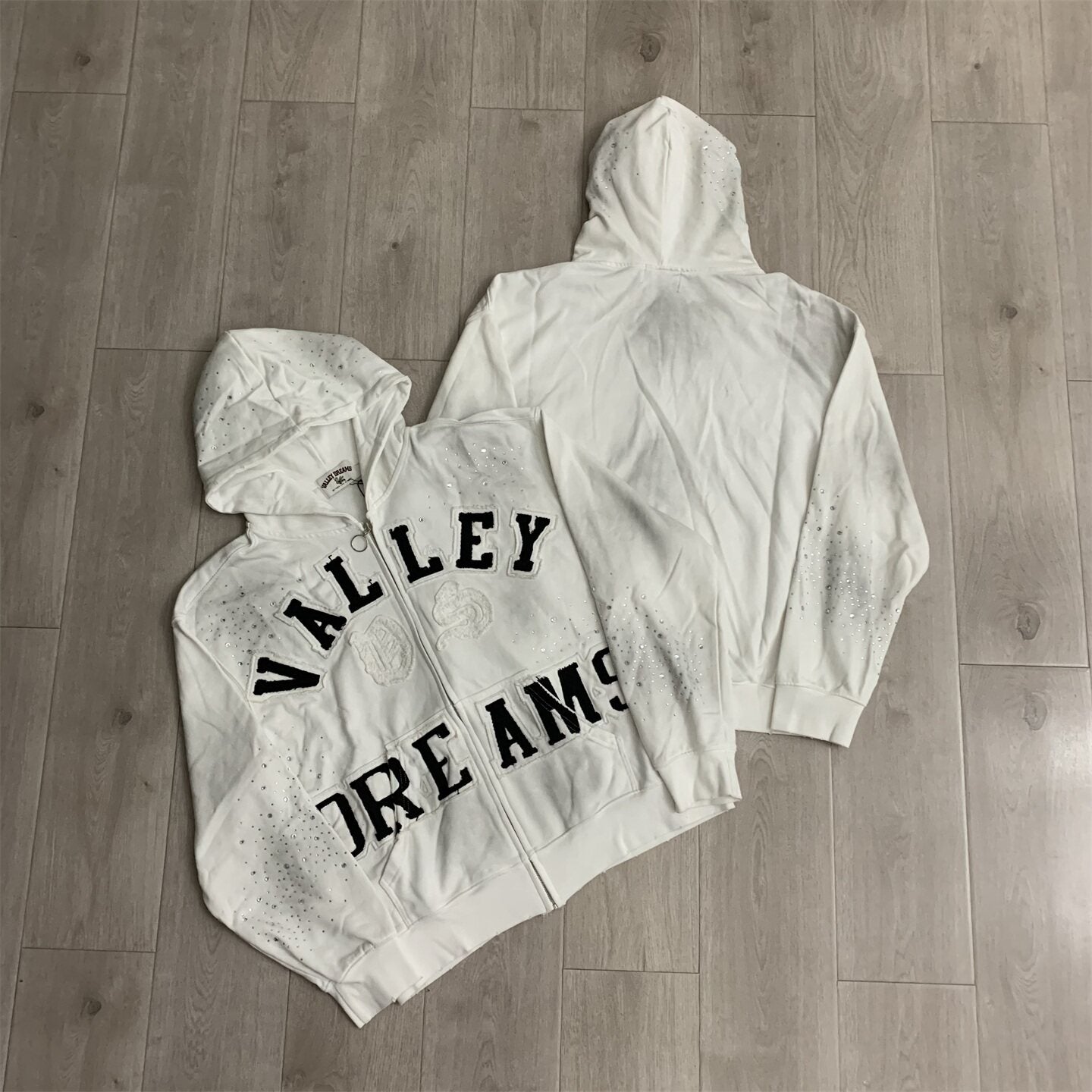 White Speckled‑Wash Valley Dreams Zip‑Up Hoodie Unisex Oversized Jacket