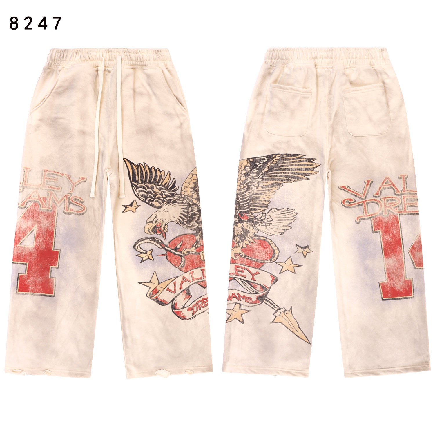 Vintage Eagle‑Print Wide‑Leg Sweatpants, Off‑White Washed Unisex Hip‑Hop Streetwear Trousers