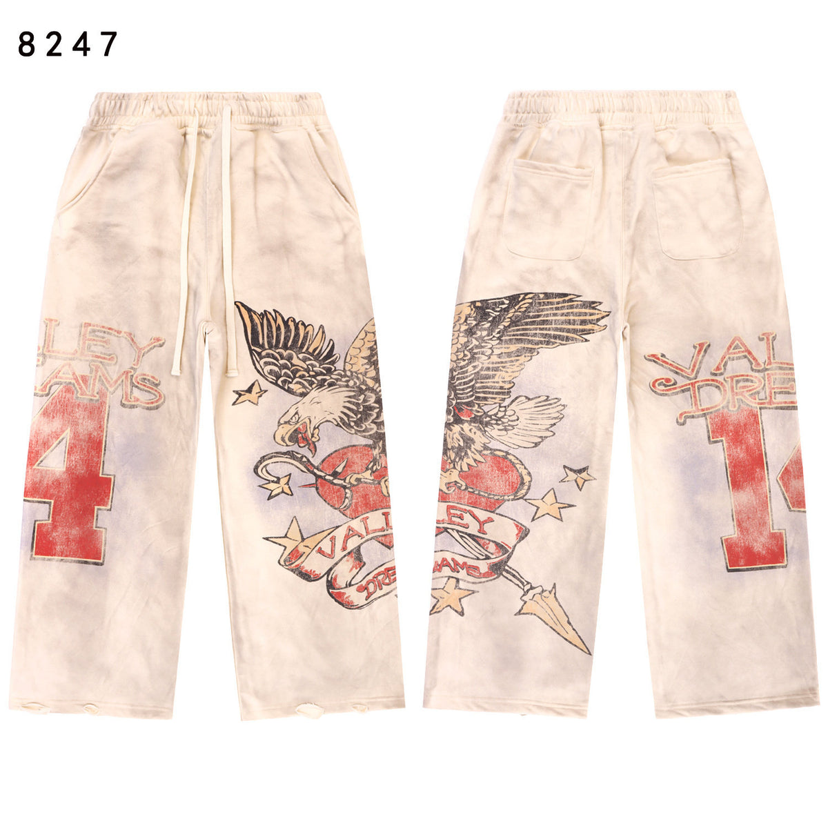 Vintage Eagle‑Print Wide‑Leg Sweatpants, Off‑White Washed Unisex Hip‑Hop Streetwear Trousers