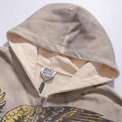 Valley Dreams Vintage Eagle Heart Tattoo‑Style Zip‑Up Hoodie, Washed Grey Oversized Streetwear Unisex Jacket