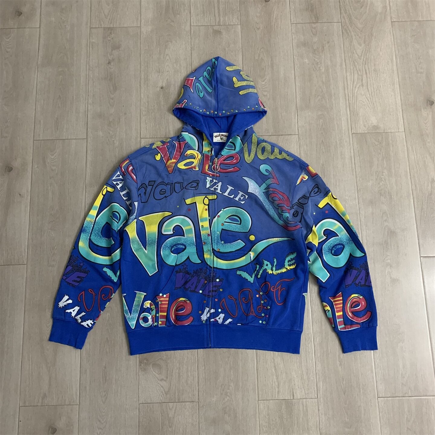 Blue Valley Dreams Graffiti‑Print Zip‑Up Hoodie Unisex Oversized Jacket