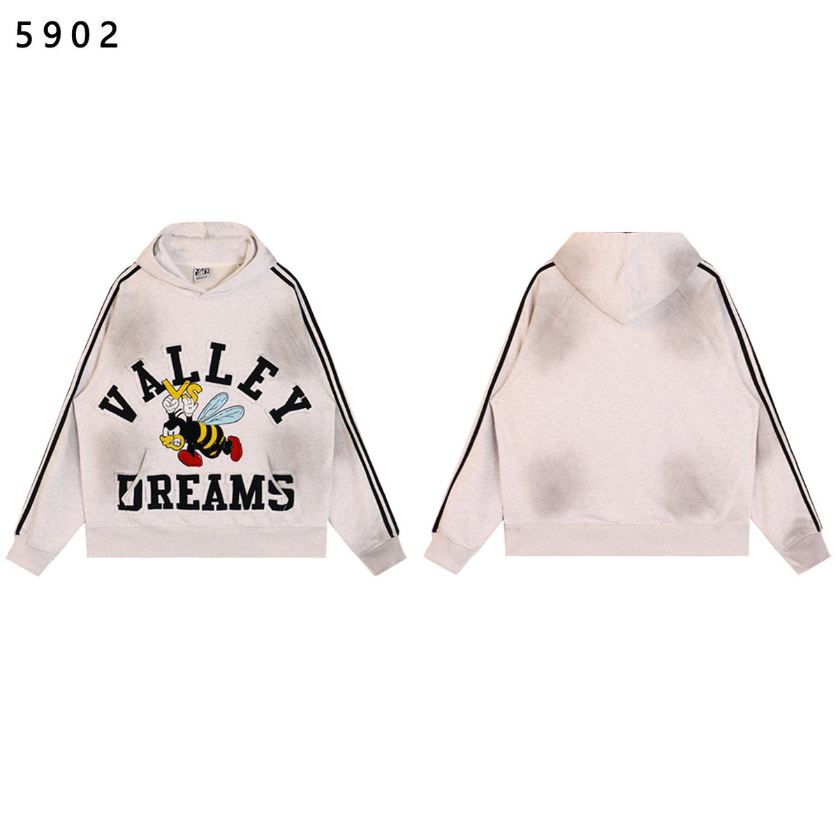 Valley Dreams Cartoon Bee Chenille Patch Pullover Hoodie, Off‑White Vintage Washed Striped‑Sleeve Streetwear Unisex Sweatshirt