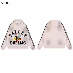 Valley Dreams Cartoon Bee Chenille Patch Pullover Hoodie, Off‑White Vintage Washed Striped‑Sleeve Streetwear Unisex Sweatshirt