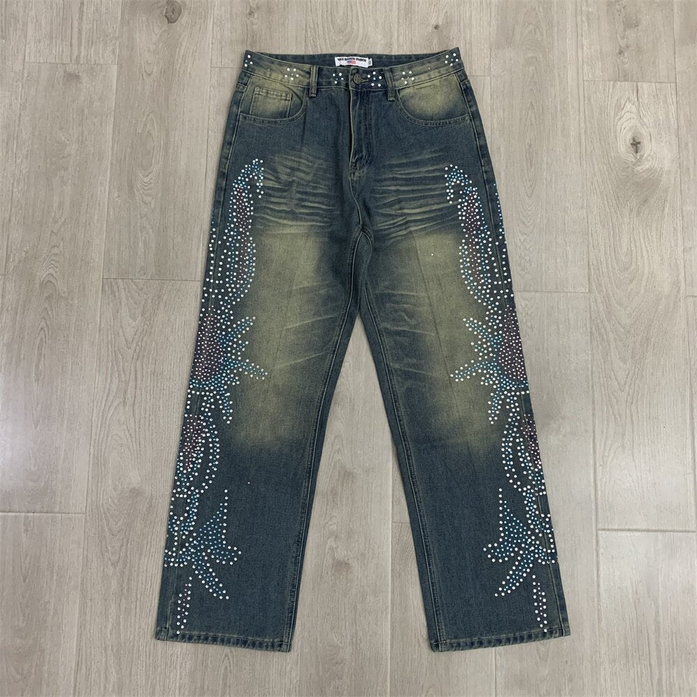 Gradient Rhinestone Star Washed‑Blue Straight‑Leg Jeans, Y2K Hip‑Hop Unisex Denim Pants