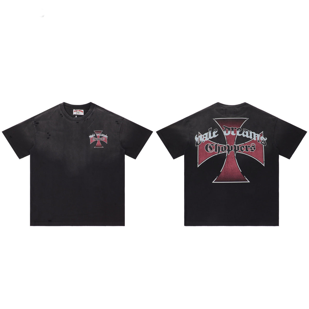 Black Distressed Cross‑Logo Back‑Print Oversized Unisex T‑Shirt