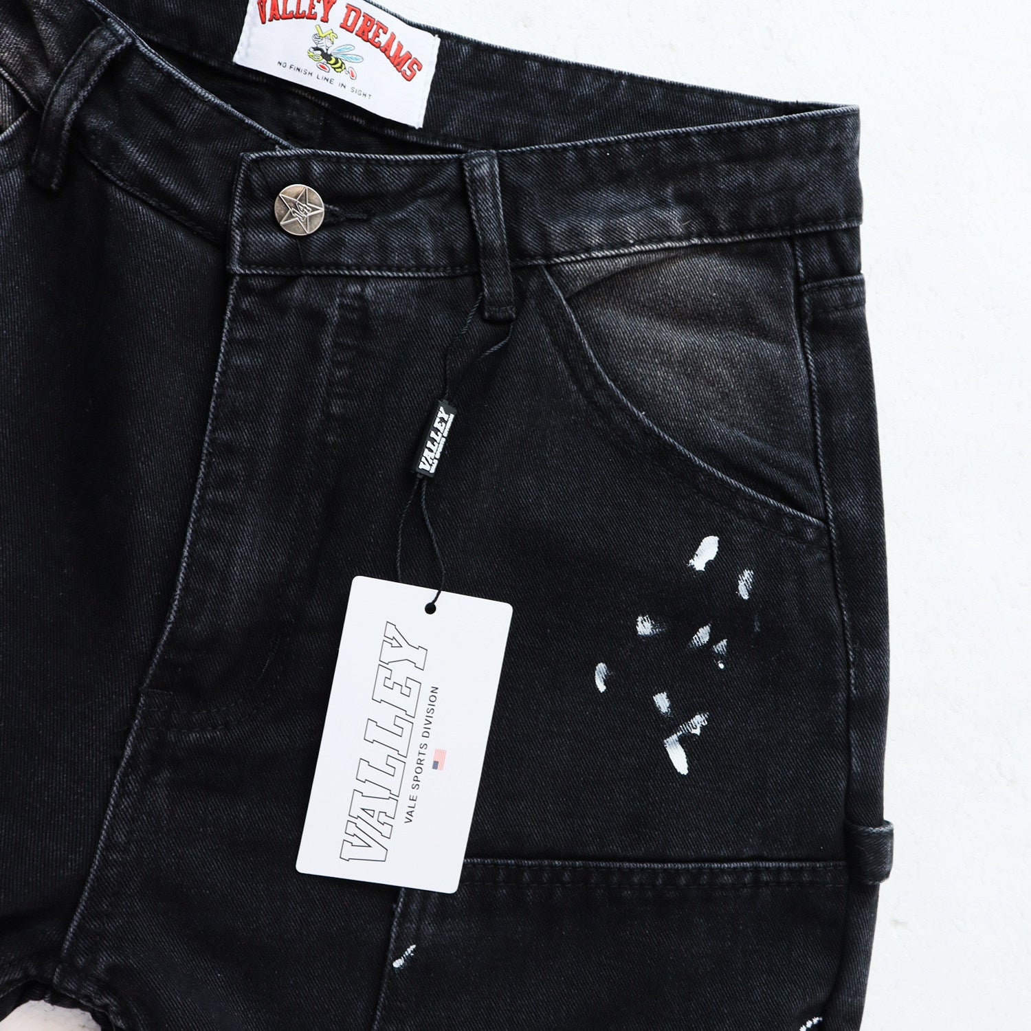 Valley Embroidered Paint‑Splatter Distressed Carpenter Baggy Jeans, Washed‑Black Unisex Wide‑Leg Denim Pants