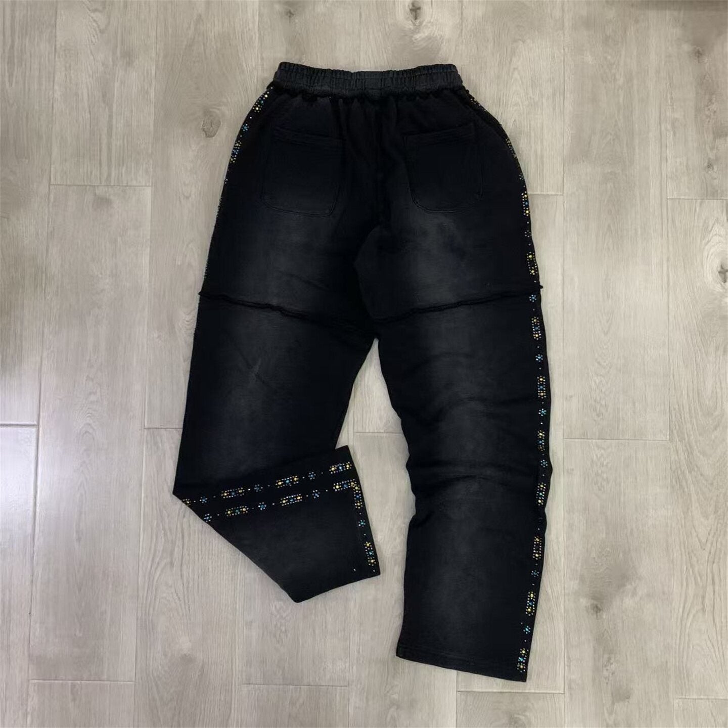Valley Dreams Rhinestone Letter Flare Sweatpants, Vintage Black Washed Streetwear Unisex Trousers