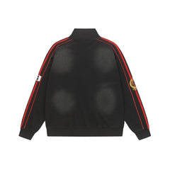Valley Dreams Chenille Letter Zip‑Up Track Jacket, Black Red Stripe Oversized Streetwear Unisex Coat