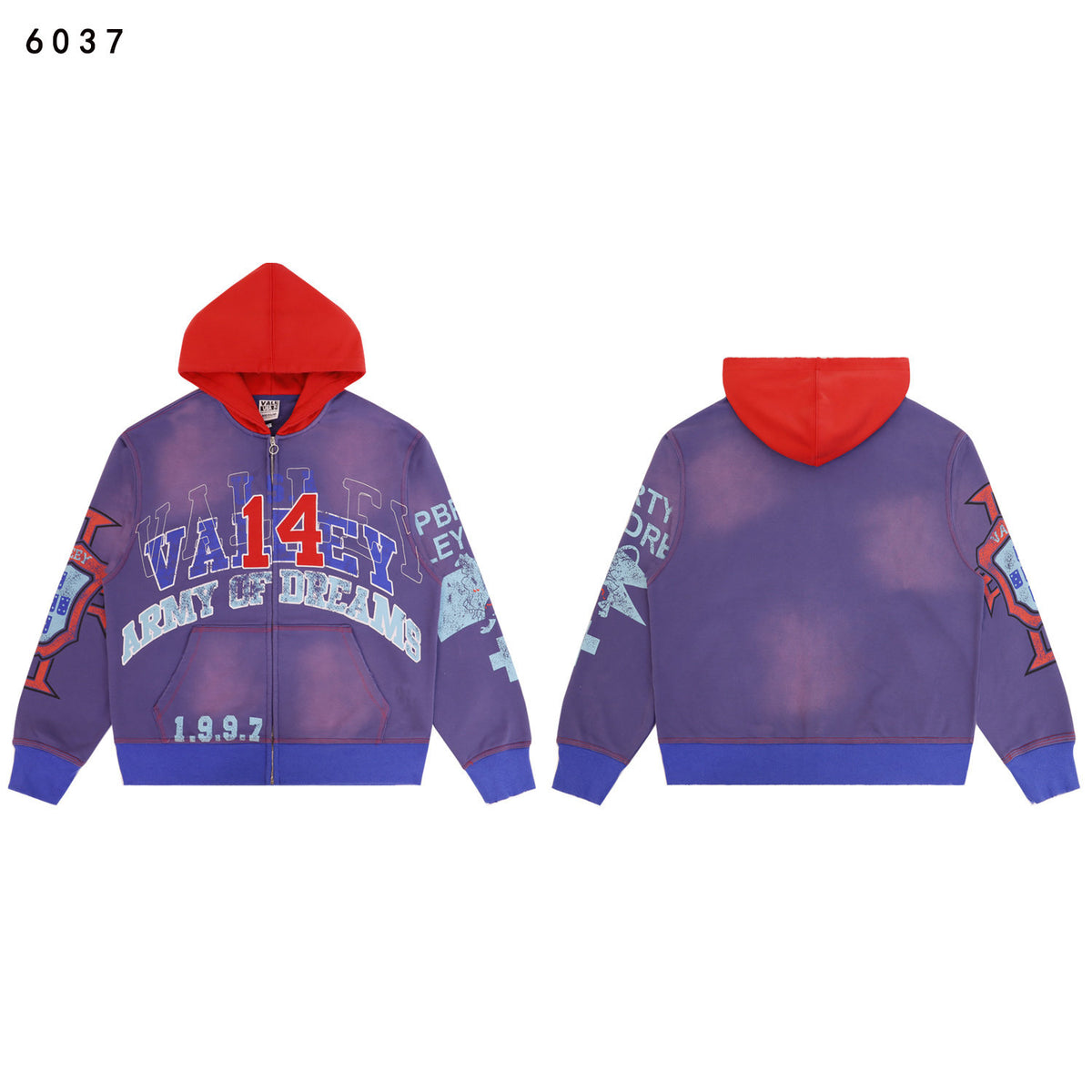 Valley Dreams Army Of Dreams Number 14 Zip‑Up Hoodie, Purple‑Red Contrast Hood Vintage Washed Streetwear Unisex Jacket