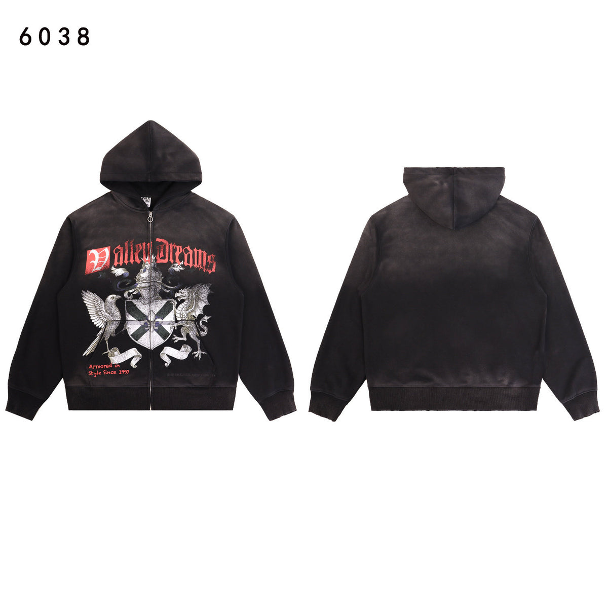 Valley Dreams Heraldic Crest Eagle‑Dragon Zip‑Up Hoodie, Black Vintage Oversized Streetwear Unisex Jacket