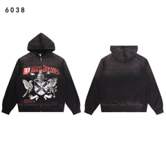 Valley Dreams Heraldic Crest Eagle‑Dragon Zip‑Up Hoodie, Black Vintage Oversized Streetwear Unisex Jacket