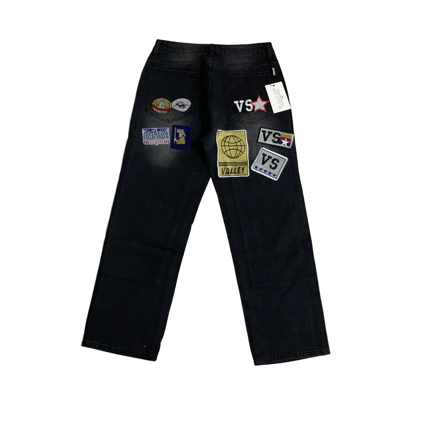 Valley Multi‑Patch Rhinestone Letter Baggy Jeans, Vintage Washed‑Black Unisex Wide‑Leg Denim Pants