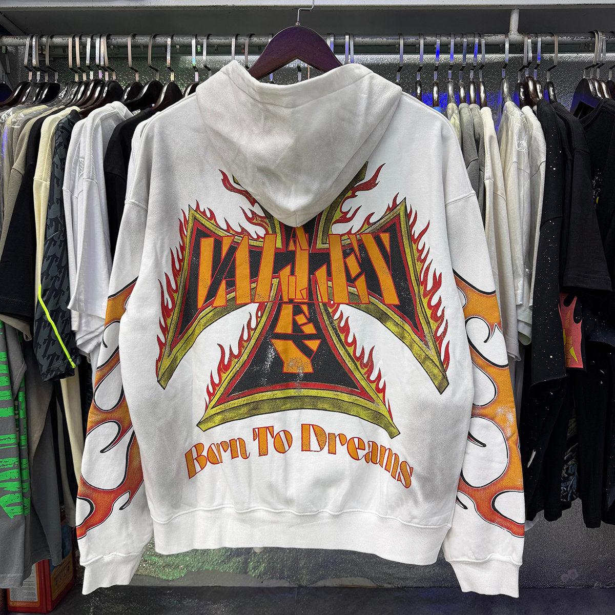 Valley Dreams Flame‑Sleeve Graphic Zip‑Up Hoodie, White Vintage Washed Oversized Streetwear Unisex Jacket