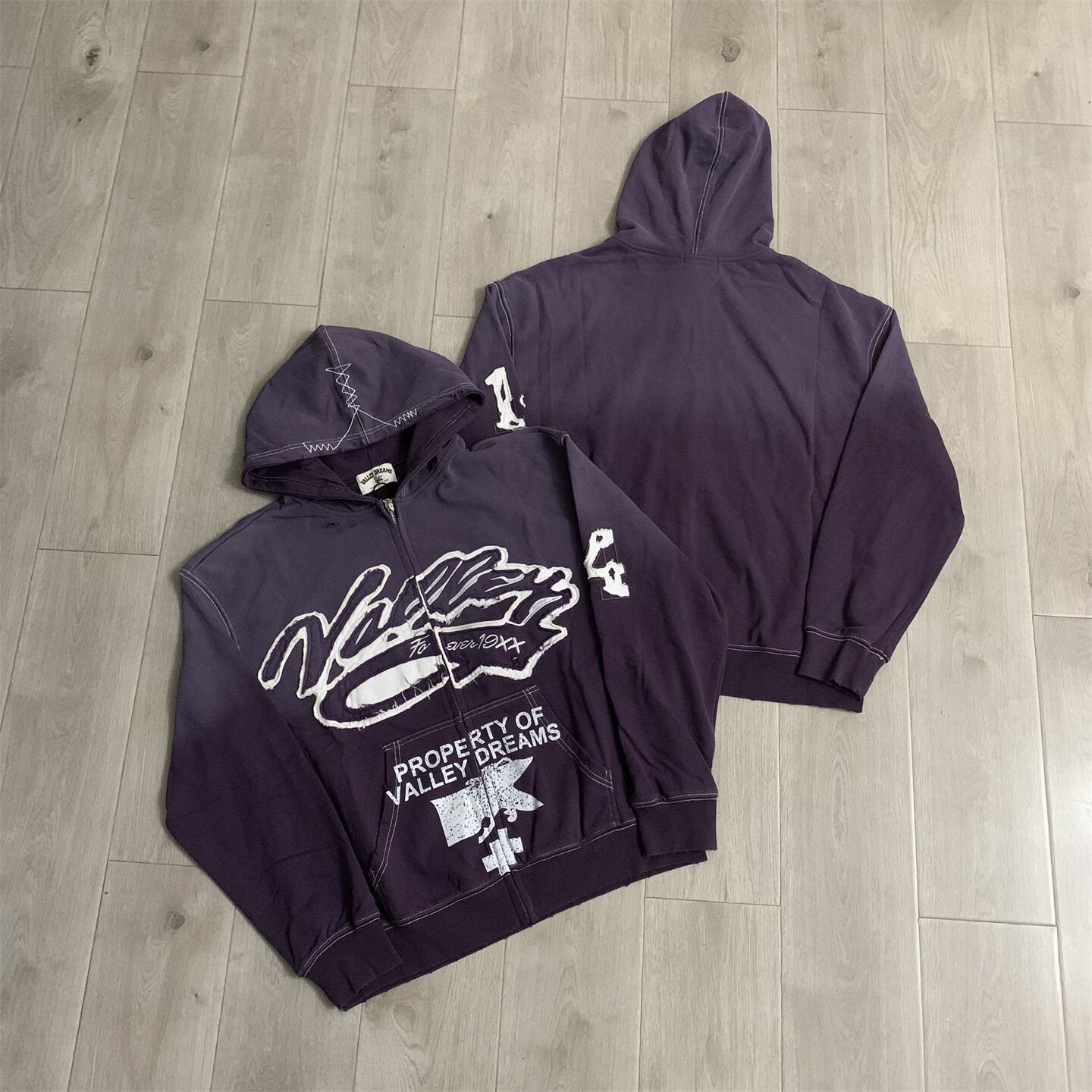 Purple Gradient Graffiti‑Print Valley Dreams Zip‑Up Hoodie Unisex Oversized Jacket