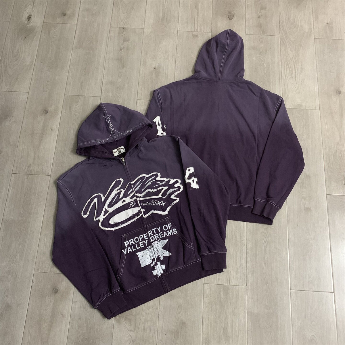 Purple Gradient Graffiti‑Print Valley Dreams Zip‑Up Hoodie Unisex Oversized Jacket