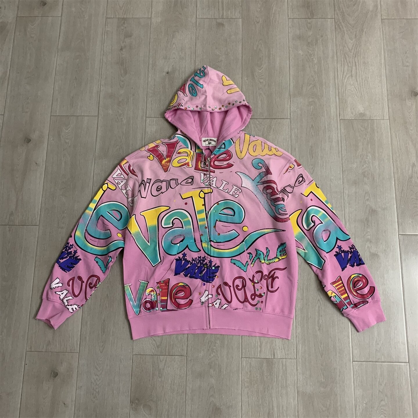Pink Valley Dreams Graffiti‑Print Zip‑Up Hoodie Unisex Oversized Jacket